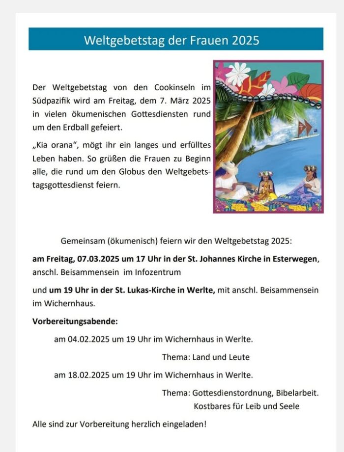 ➡️ 🙏 Weltgebetstag
           der Frauen 👫
ℹ️  07.03.2025

#Weltgebetstag #Kirche